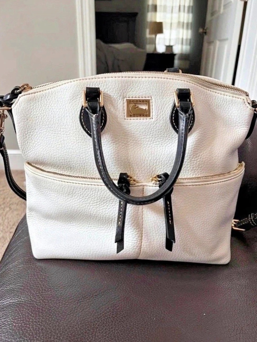 Dooney & Bourke Pebble Grain Small Zip Satchel White & Black